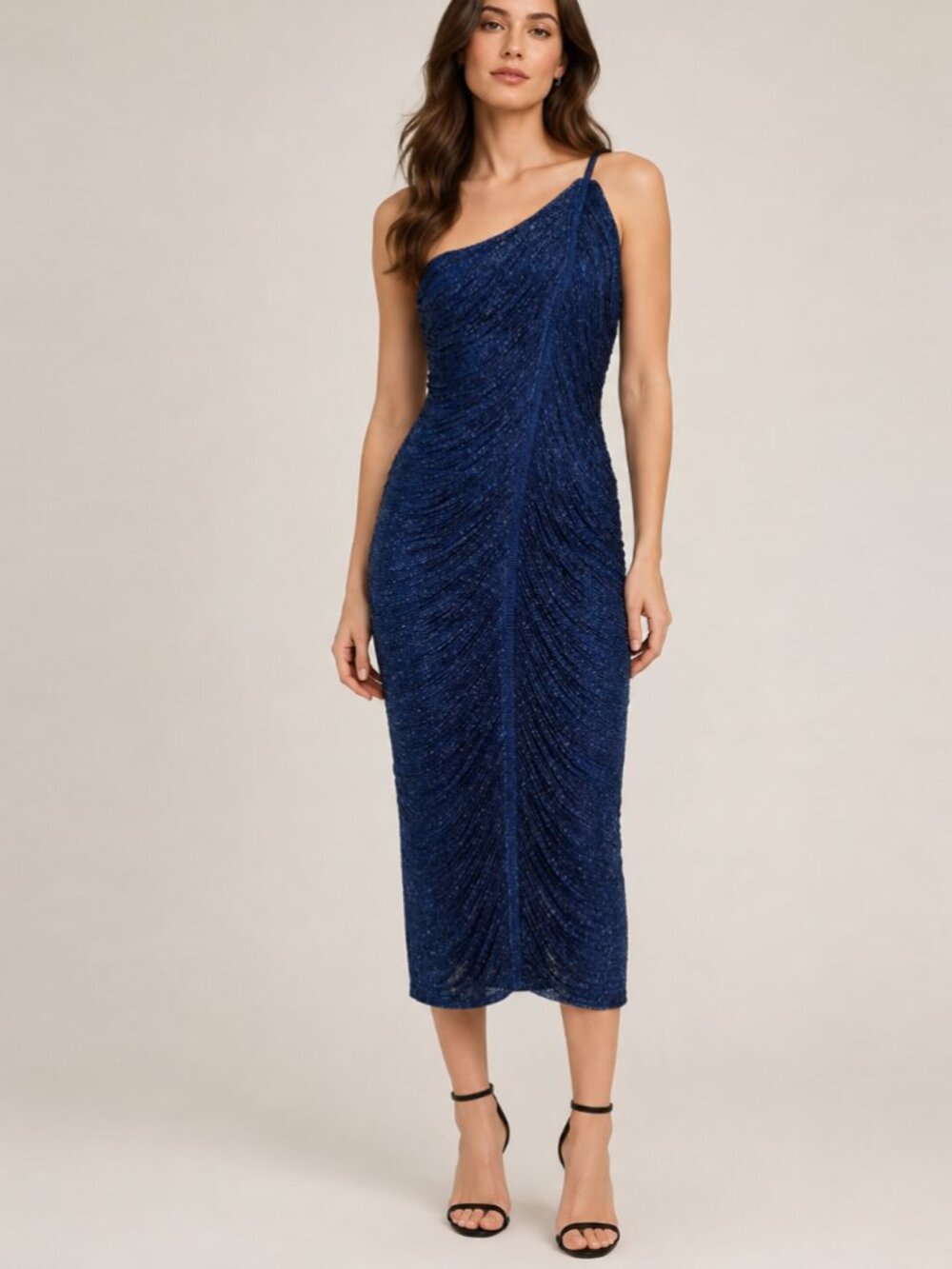Elegant Navy Blue Sequin Fringe One-Shoulder Midi Dress